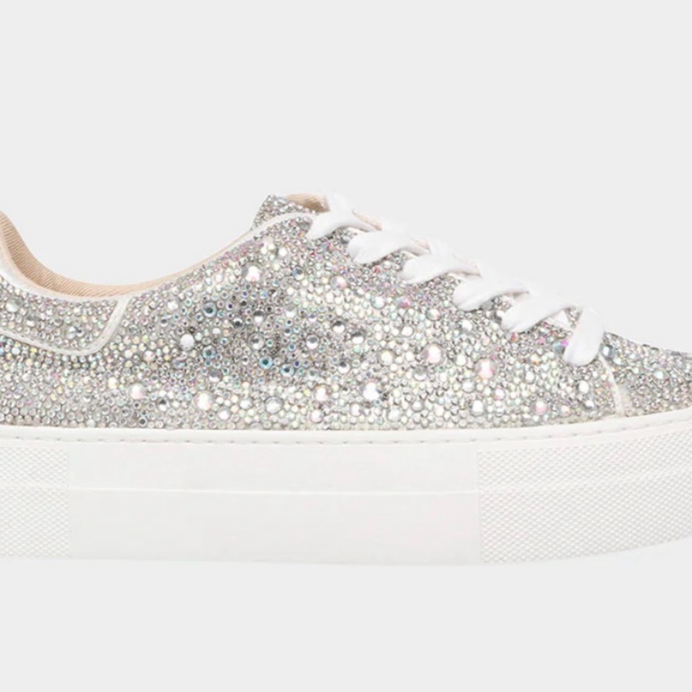 NEW IN BOX - Betsey Johnson Silver Rhinestone Sneakers - Picture 2 of 7